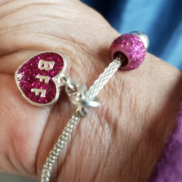 Silver Tone Hot Pink BFF Heart Beads Snake Chain Bracelet 8" Total L 2" Dia - Picture 11 of 11